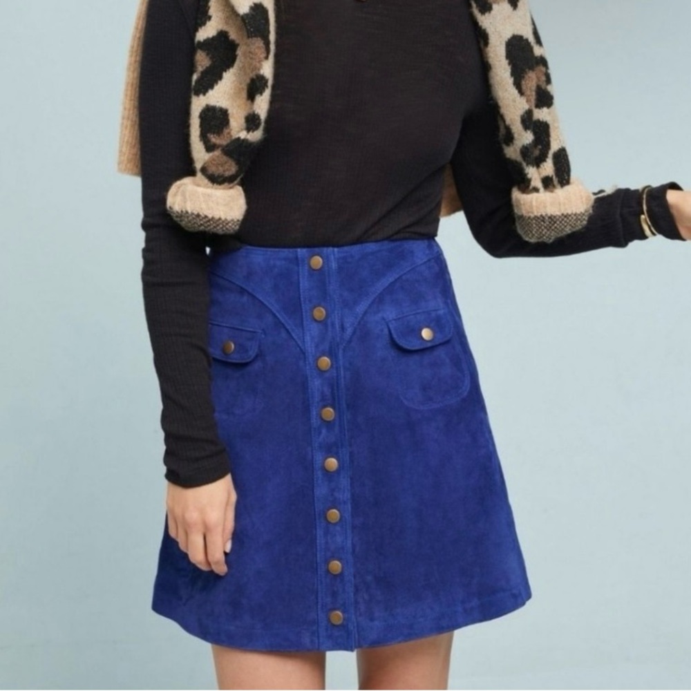 NWT Anthropologie Button-Front Mini Skirt size 8 blue leather suede
